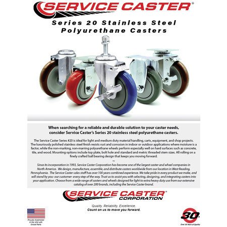 Service Caster 3.5'' SS Red Poly Swivel 1-7/8'' Expanding Stem Caster with Brake SCC-SSEX20S3514-PPUB-RED-TLB-178